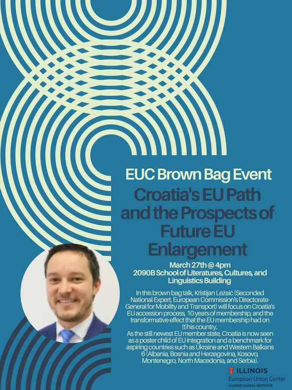Flyer advertising the EUC Brown Bag Croatia's EU Path and the Prospects of Future EU Enlargement on March 27 at 4pm at 306 Coble Hall