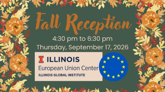 Invitation for European Union Center's Fall Reception. It is a dark green background with orange and red leaf illustrations surrounding the text.