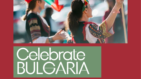 Poster with event details includes picture of traditional dancers from Bulgaria in embroidered folk clothing