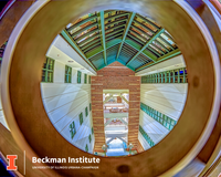 View of the Beckman Institute atrium from the 4th floor bridge
