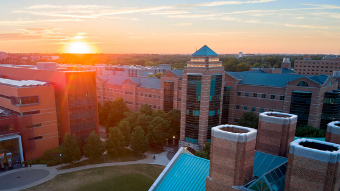 An aerial photo of Beckman at sunset