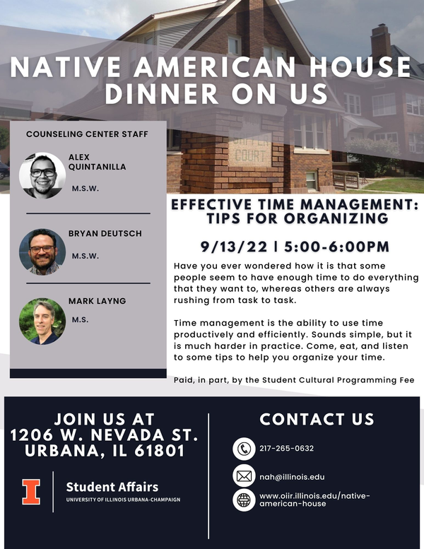 A flyer of an event; The Counseling Center will be facilitating a time management workshop; free food available to students, faculty and staff by swiping icard; the event will take place on Tuesday, September 13th from 5:00-6:00pm