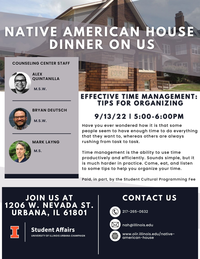 A flyer of an event; The Counseling Center will be facilitating a time management workshop; free food available to students, faculty and staff by swiping icard; the event will take place on Tuesday, September 13th from 5:00-6:00pm