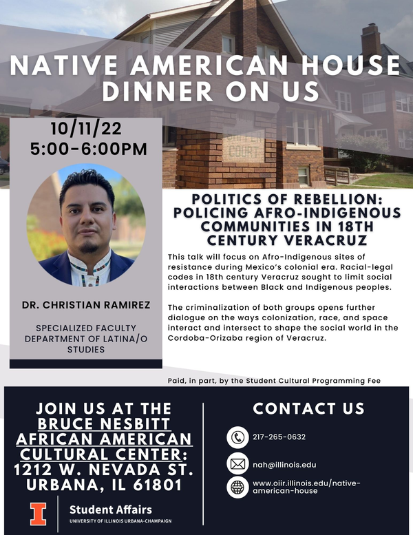 A flyer of an event; Dr. Christian Ramirez will present on his research; free food available to students, faculty and staff by swiping icard; the event will take place on Tuesday, October 11th from 5:00-6:00pm