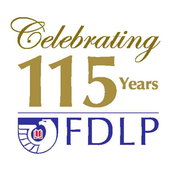 "celebrating 115 years, FDLP" includes a logo featuring an eagle with one wing surrounding an open book.