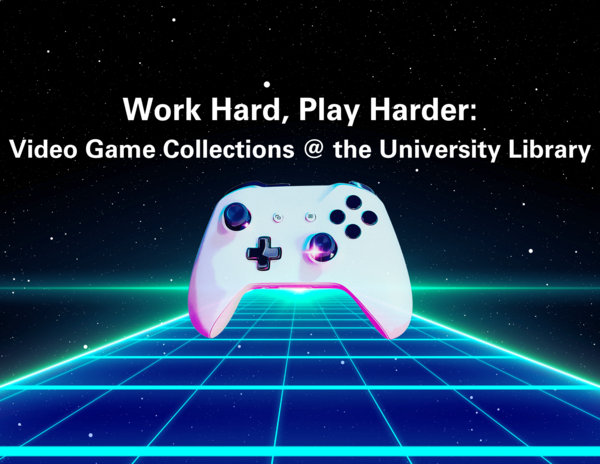 exhibit banner features a gaming console hovering over a grid with a space themed background