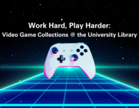 exhibit banner features a gaming console hovering over a grid with a space themed background