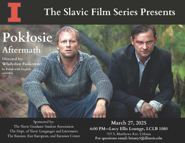 Poster for film "Aftermath"; two dirty and exhausted men sitting in the forrest