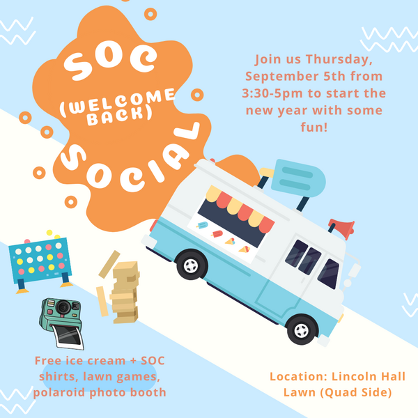 A flyer for the event depicting an ice cream truck, games, and a polaroid camera.