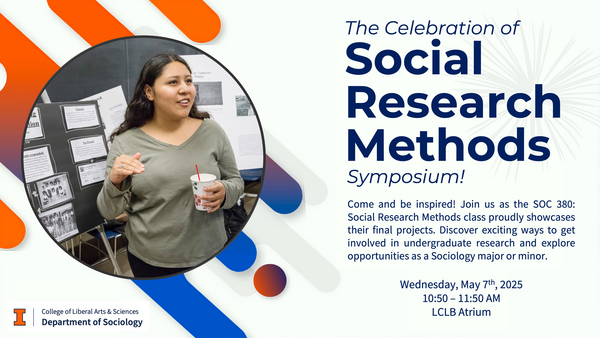 A flyer with a photo of a student presenting a research project. Text transcribed below.