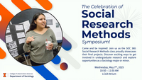 A flyer with a photo of a student presenting a research project. Text transcribed below.