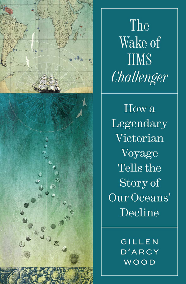 Book cover. Right side is solid teal with white text displaying title and author. left side is artistic rendition of a geographical map, compass, ship, and fossils in a helix pattern. 