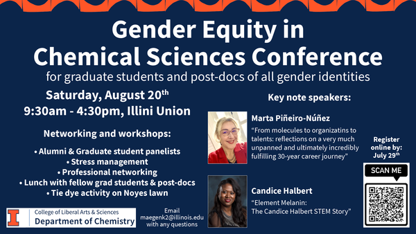 An orange, blue, and white event flier with head shots of both keynote speakers and all the event info in text.