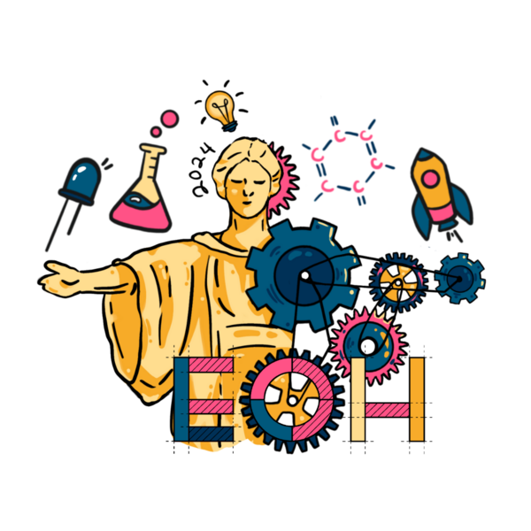 Image of Alma with a rocket, beaker, and light bulb