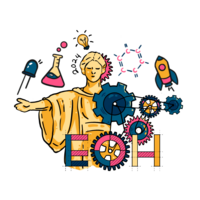 Image of Alma with a rocket, beaker, and light bulb