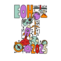 Image with the words EOH 2025 and images of a beaker, satellite, the moon, a rocket, and the earth