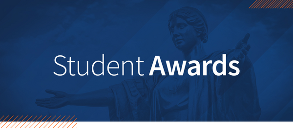 Student Awards banner featuring a blue background with an orange diagonal stripe pattern. A silhouette of a statue making a pointing gesture is prominently displayed. The banner includes white text highlighting an educational theme and signifies a recognition event with a formal presentation atmosphere.