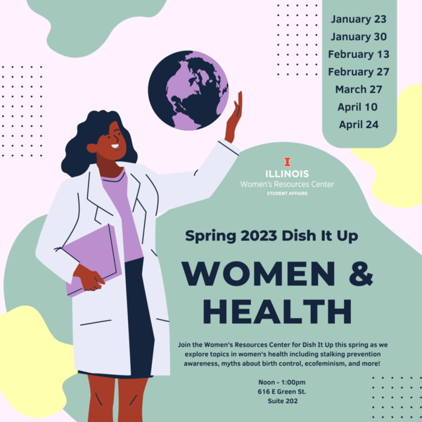 An illustration of a woman in a lab coat with the series title, Women and Health