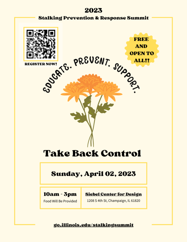 orange flowers on a yellow background with text displaying IL Stalking Prevention and Response Summit