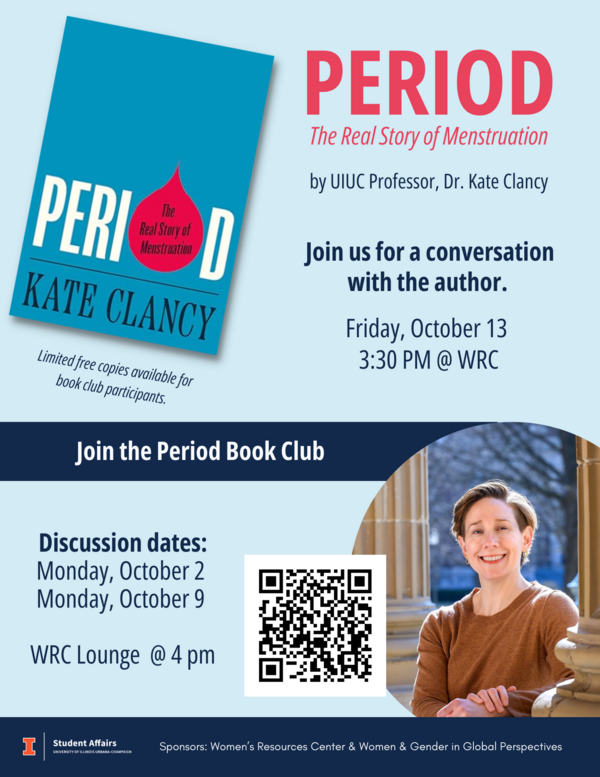 an image of the cover of the Period book and the author, Kate Clancy