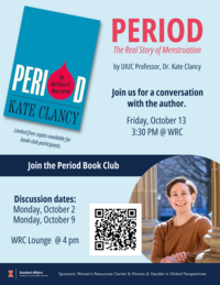 an image of the cover of the Period book and the author, Kate Clancy
