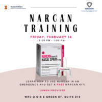 An image of a Narcan Kit in the center with text stating: NARCAN training, Friday February 14 from 12PM-1PM. Lunch Provided at WRC 616 Green St, Suite 213