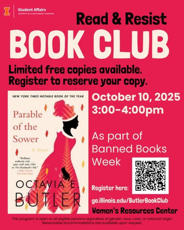 Red Background with black font stating "Read and Resist" with an image of the cover of "Parable of the Sower" by Octavia Butler