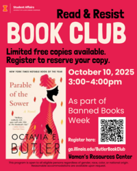 Red Background with black font stating "Read and Resist" with an image of the cover of "Parable of the Sower" by Octavia Butler