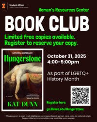 A black background with the cover of "Hungerstone" by Kat Dunn picturing a faint woman. White font "October 31, 2025 4:00-5:00pm As part of LGBTQ+ History Month"