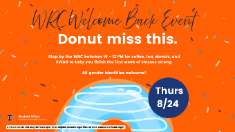 A donut with a sprinkle background and the text "WRC Welcome Back Event. Donut Miss this. Stop by the WRC between 10 AM - 12 PM for coffee, tea, donuts, and SWAG to help you finish the first week of classes strong. All gender identities welcome! TH, 8/28""