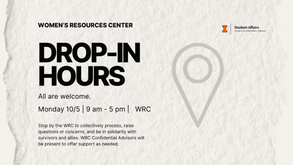 Drop in Hours All are Welcome Monday, October 5 9 am - 5 pm WRC a pin icon on a torn paper background