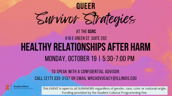 Colorful flyer for “Queer Survivor Strategies: Healthy Relationships After Harm,” a GSRC event on October 19 from 5:30 to 7:00 p.m., featuring confidential advocacy resources and open to all survivors.