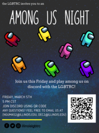 Flyer for Among Us Night that has a red, yellow, orange, green, pink, blue, and purple astronaut floating and reads 'Join us this Friday and play among us on discord with the LGBTRC'!