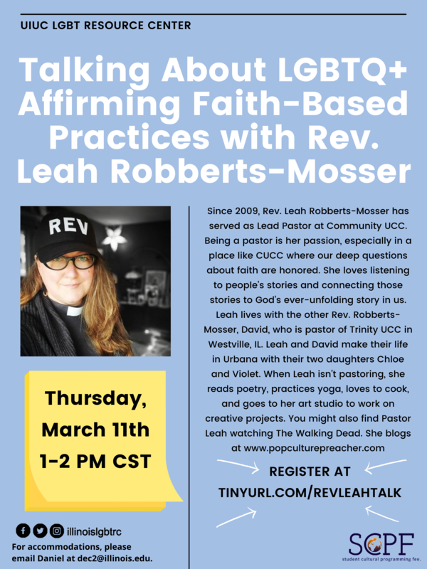 Light blue informational flyer which reads 'Talking About LGBTQ+ Affirming Faith-Based Practices with Rev. Leah Roberts-Mosser' and includes the registration link at 'tinyurl.com/revleahtalk'.