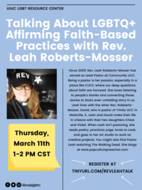 Light blue informational flyer which reads 'Talking About LGBTQ+ Affirming Faith-Based Practices with Rev. Leah Roberts-Mosser' and includes the registration link at 'tinyurl.com/revleahtalk'.