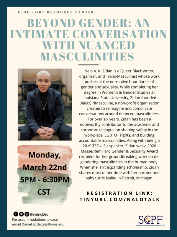 A flyer for 'Beyond Gender: An Intimate Conversation With Nuanced Masculinities' with a bio for its speaker, Nalo A.K. Zidan as well as the registration link at tinyurl.com/nalotalk.