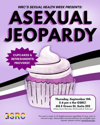 Asexual Jeopardy, Thursday, September 11th, 5 - 6 pm at the GSRC, 616 E. Green Street Suite 202, Cupcakes and refreshments provided!