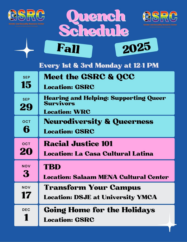 Quench Schedule for Fall 2025, Every 1st and 3rd Monday at 12 - 1 pm