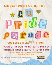 March with GSRC in the CU Pride Parade, Saturday, October 25th at 1pm, Come to lot 19 by 12:15 pm to march and step off is at 1 pm, if you have questions contact GSRC@illinois.edu.This event is open to all eligible persons regardless of race, color or national origin. Reasonable accommodations are available upon request, please contact gsrc@illinois.edu