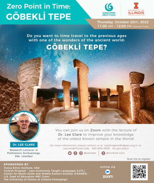 large photo of an ancient temple with a starry sky in the background; photo of the event speaker (Dr. Lee Clare); QR code to register for the event; text relevant to the event which is repeated in the calendar event entry