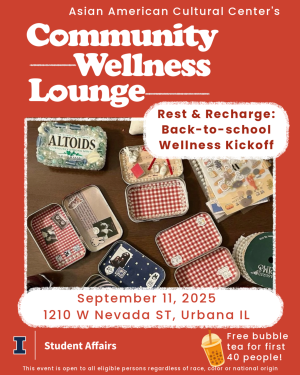 community wellness lounge event flier advertising back-to-school wellness kickoff. making tin wellness kits and free boba for first 40 people