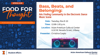 Blue and orange Food for Thought digital flyer for “Bass, Beats, and Belonging: AAs Finding Community in the Electronic Dance Music Scene,” scheduled Tuesday, March 10, 12–1 p.m. at the Asian American Cultural Center, presented by Christina Carpio, with a neon boombox graphic.