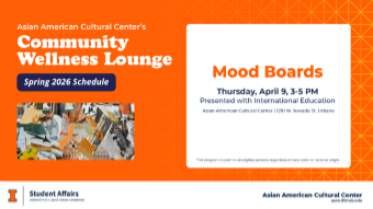 Digital flyer for the Asian American Cultural Center’s Community Wellness Lounge “Paint & Sip” event on Thursday, April 2 from 3–5 PM at 1210 W. Nevada St., Urbana, featuring participants painting at a table and co-hosted with International Education.