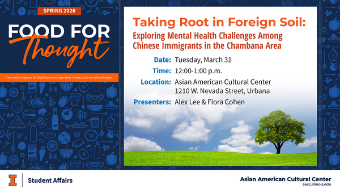 Digital sign for a Spring 2026 Food for Thought event titled “Taking Root in Foreign Soil,” featuring a talk on mental health challenges among Chinese immigrants, with date, time, location at the Asian American Cultural Center, presenters Alex Lee and Flora Cohen, and a tree on a grassy landscape under a blue sky.