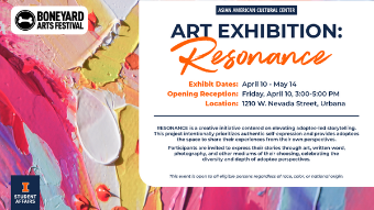 Promotional poster for the Boneyard Arts Festival featuring the AACC Art Exhibition “Resonance,” with colorful paint textures, event dates April 10–May 14, and an opening reception on April 10 from 3:00–5:00 PM at 1210 W Nevada Street, Urbana.