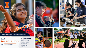 Digital flyer promoting the University of Illinois Asian American Cultural Center's 2026 Asiantation open house and resource fair on Thursday, August 27, from 5:00 to 7:00 PM, featuring event details, a registration QR code for tabling, and photos of student performances and activities.