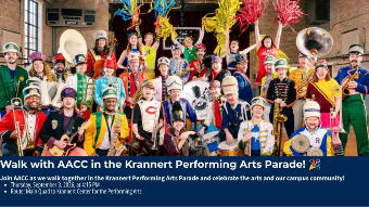 A colorful group of performers with musical instruments promotes AACC’s walk in the Krannert Performing Arts Parade on September 3 at 4:15 PM, from the Main Quad to Krannert Center.