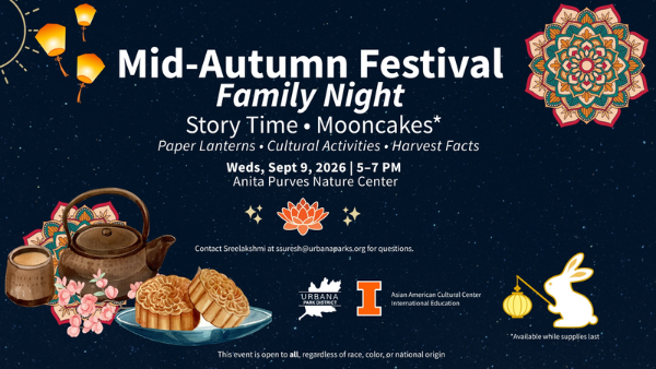Mid-Autumn Festival Family Night flyer featuring lanterns, mooncakes, a tea set, floral designs, a rabbit with a lantern, and event details for September 9, 2026, from 5–7 PM at Anita Purves Nature Center.