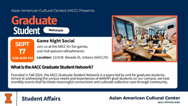 AACC Graduate Student Network flyer promoting a Game Night Social on Thursday, September 17, from 5:30–6:30 PM at the AACC, featuring games, Mid-Autumn refreshments, and community connections.