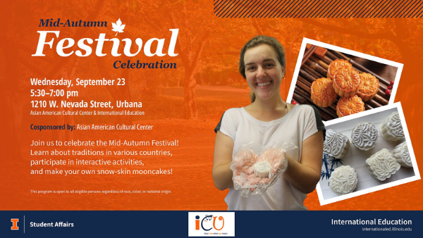 Mid-Autumn Festival Celebration flyer featuring mooncakes and event details for Sept. 23 at the Asian American Cultural Center and International Education.